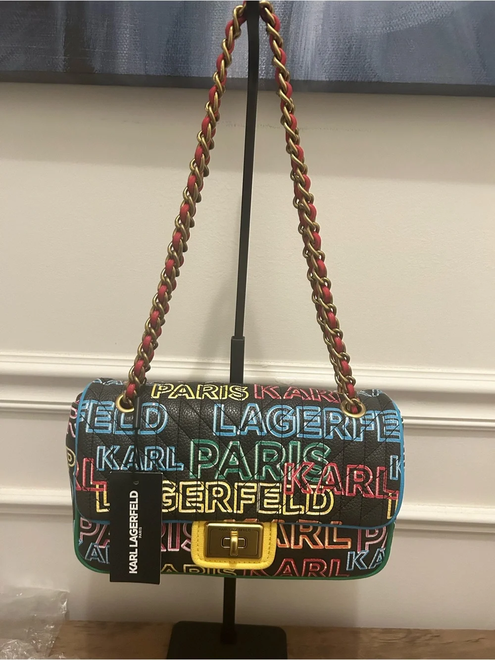 Karl Lagerfeld Black Multicolor Logo Chain Shoulder Bag - Picture 2 of 10